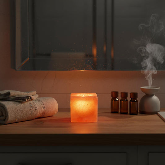 Cube-Shaped Himalayan Salt Candle Holder: Hand-Carved Natural Decor