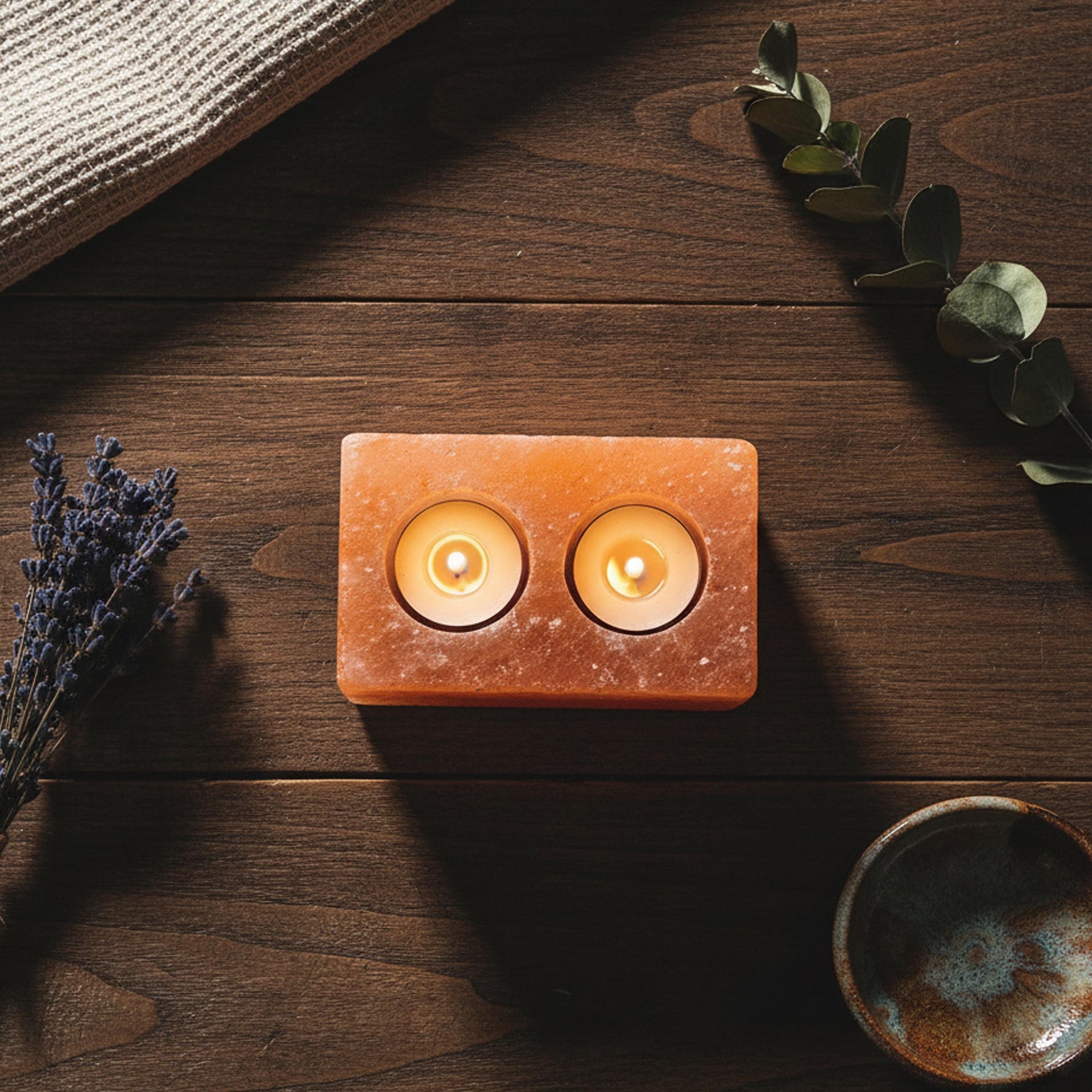 Double Cube Himalayan Salt Candle Holder: Hand-Carved Natural Decor