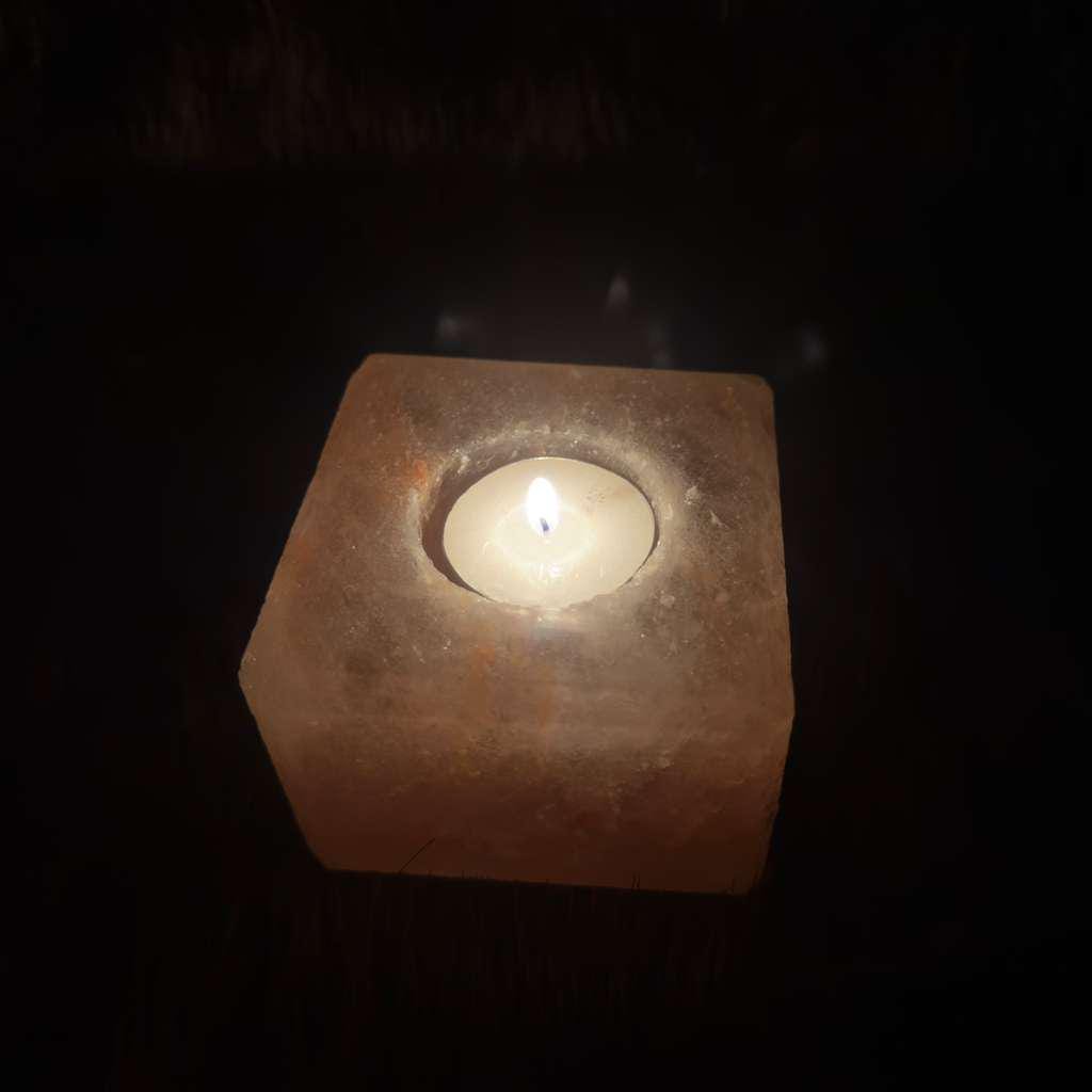Cube-Shaped Himalayan Salt Candle Holder: Hand-Carved Natural Decor